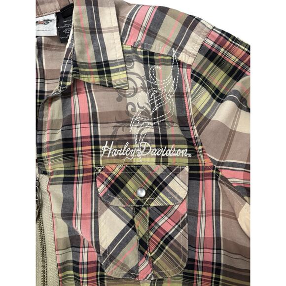 Harley-Davidson Plaid Half Sleeve Zip Up Shirt Women's XL Embroidered Logos Tan - Picture 8 of 11